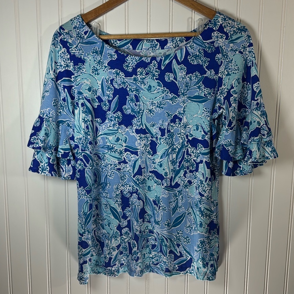 Lilly Pulitzer Lula Top S Layered Flutter Sleeves Blue Green Koalafications